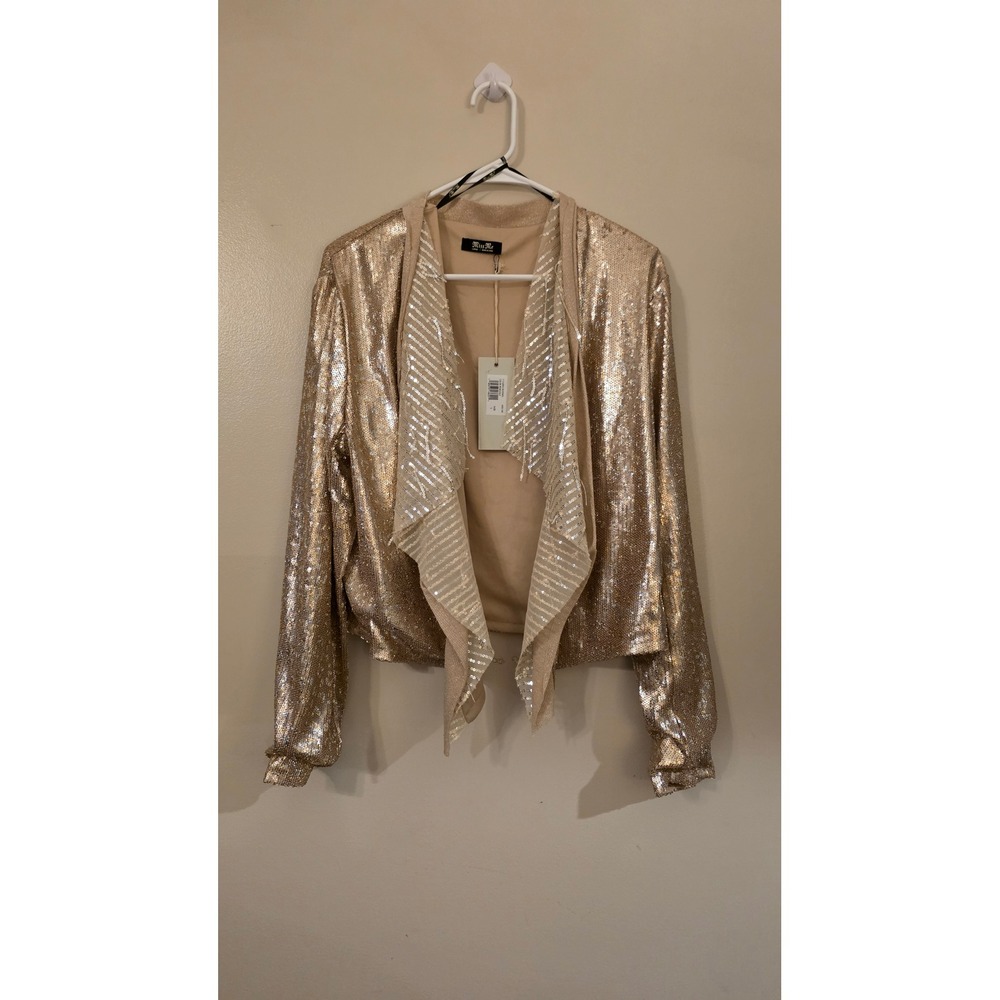 Miss Me Rose Gold Sequin Open Front Waterfall Cardigan Jacket MJ0540L Large NWT